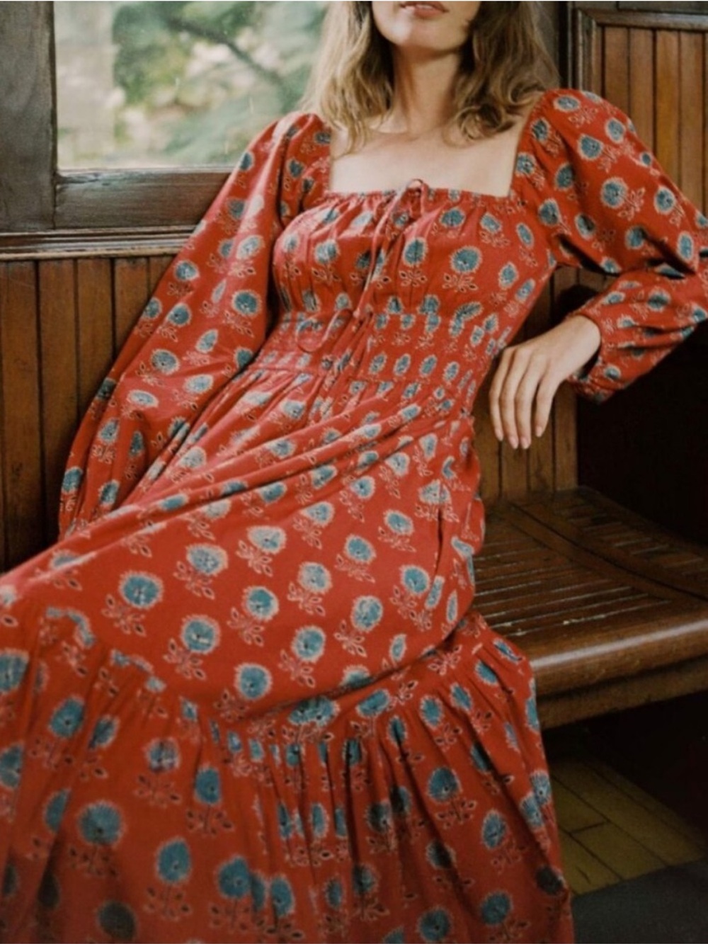 Christy dawn bohemian jennica Red Printed Smocked-Waist boho Midi Dress size xl